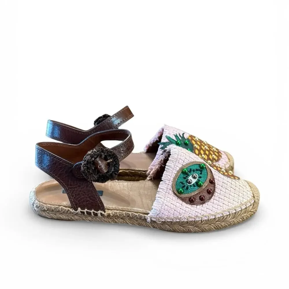 Dolce & Gabbana Pineapple Kiwi Patch Raffia Espadrille Sandals EU 39 US 9